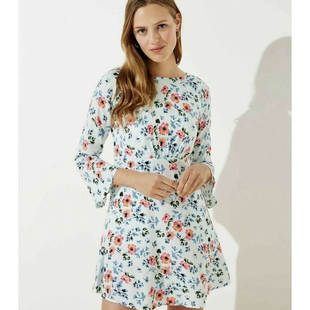 Loft Floral Bell Sleeve Tie Back Mini Dress Size 8 Romantic Cottagcore New